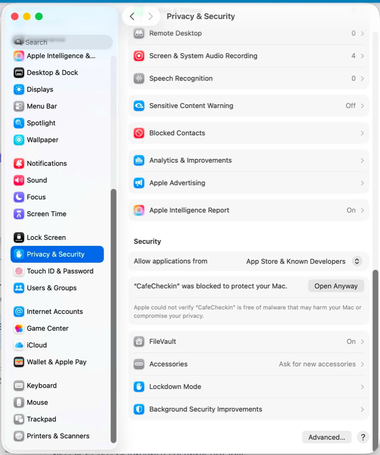 System Settings › Privacy & Security, scrolled to the Security section