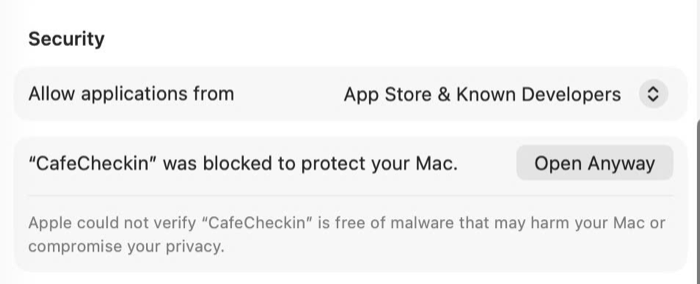 Security section showing "CafeCheckIn was blocked to protect your Mac" with an Open Anyway button