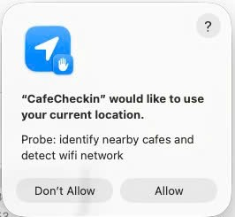 Location permission prompt asking to allow CafeCheckIn to use your current location